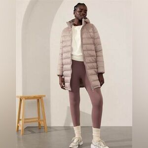 Athleta Tan Aire Puffer Parka with Hood Sz Large Tall Gorpcore Warm Lightweight